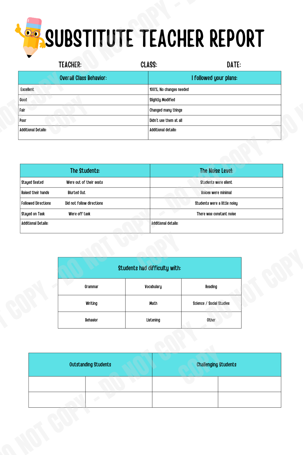 Editable Substitute Teacher Report | Printable Sub Notes & Classroom Behavior Template