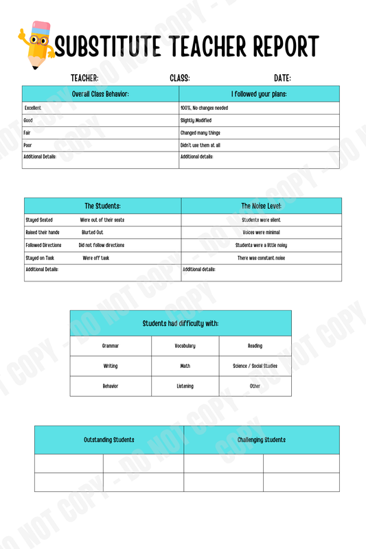 Editable Substitute Teacher Report | Printable Sub Notes & Classroom Behavior Template